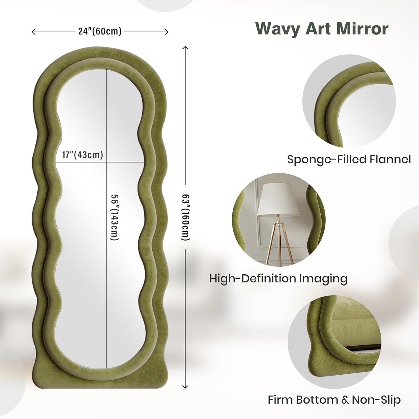 Full Length Mirror 63"x24" Arched Wavy Full Body Wall Mounted Floor Mirror with Stand Green Flannel Frame Leaning Hanging Wall Mirror for Bedroom Entrance Hallway