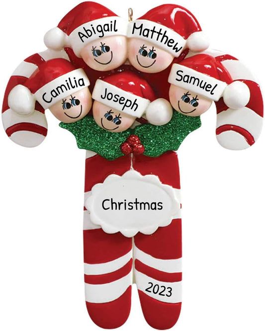 Candy Cane Family of 5 Ornament 2025 Personalized Family Christmas Ornaments 2025 | Holiday Keepsake Holly Berries Personalized Tree Ornaments for Grandchildren, Siblings & Grandkids of Five Ornament