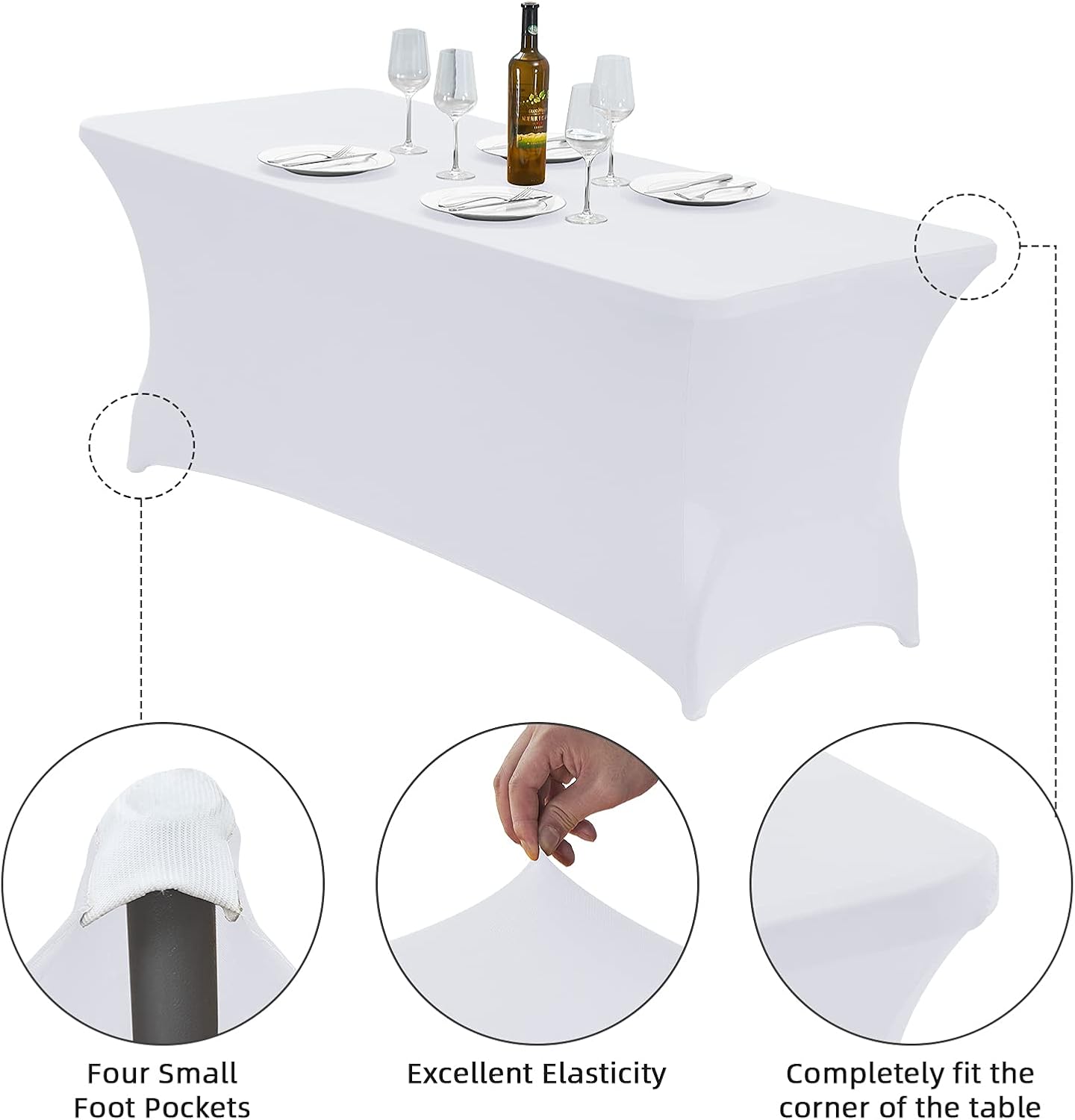 CWK 6FT Waterproof Stretch Spandex Table Cover for Rectangular Tables - Elastic Fitted Tablecloth for Folding Tables,Wrinkle Resistant Table Cloth for Parties, Weddings, Banquets & Events (White)