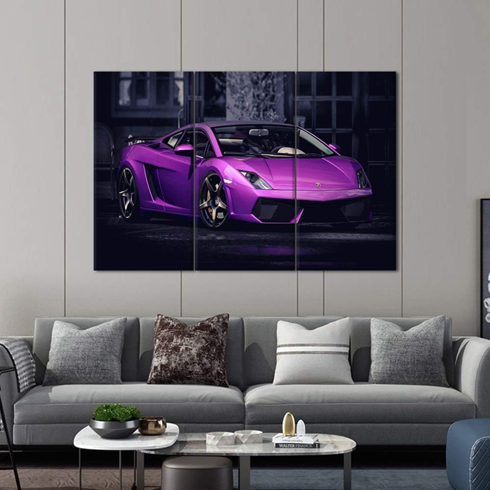 TUMOVO 3 Pieces Purple Sports Car Wall Art Picture Home Decoration Living Room Canvas Print Painting Wall Picture on Canvas with Frame Ready to Hang - 28 x 14inch x 3 Panel
