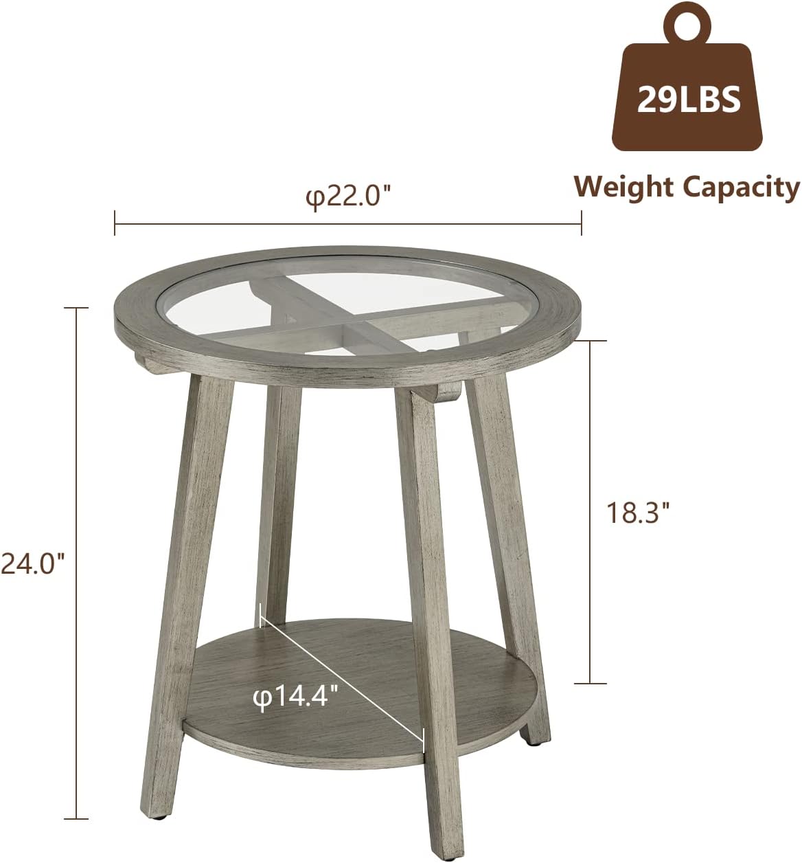 COSIEST 2-Tier End Table with Tempered Glass Top, Round MDF Side Table with Storage Shelf, Modern Wood Accent Table for Bedroom Living Room Home Office, Antique Silver
