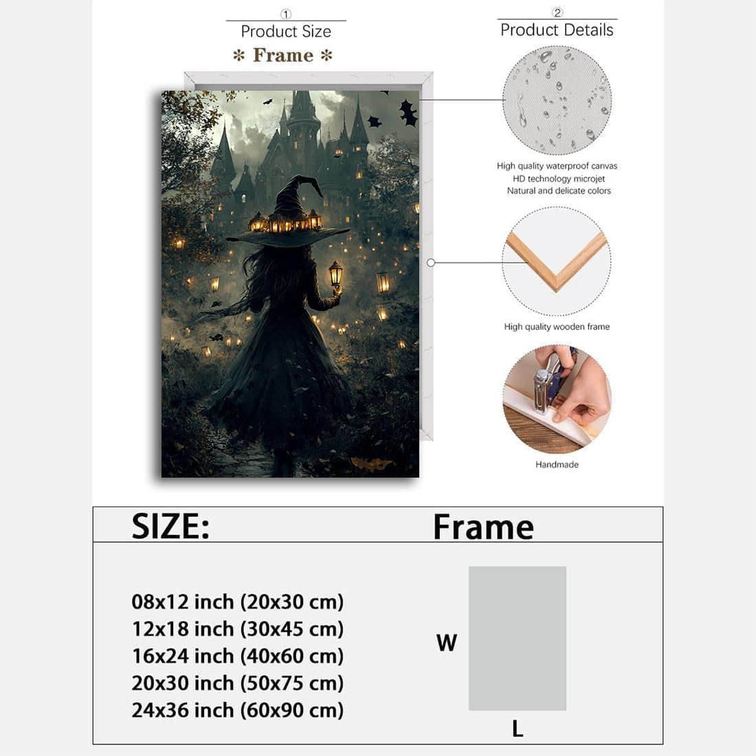 Halloween Witch and Haunted House Canvas Wall Art,Dark Academia Scary Witch Castle Posters Prints,Thriller Horror Gothic Wall Decor Pictures for Halloween Party House Decoration,12"x18" Framed