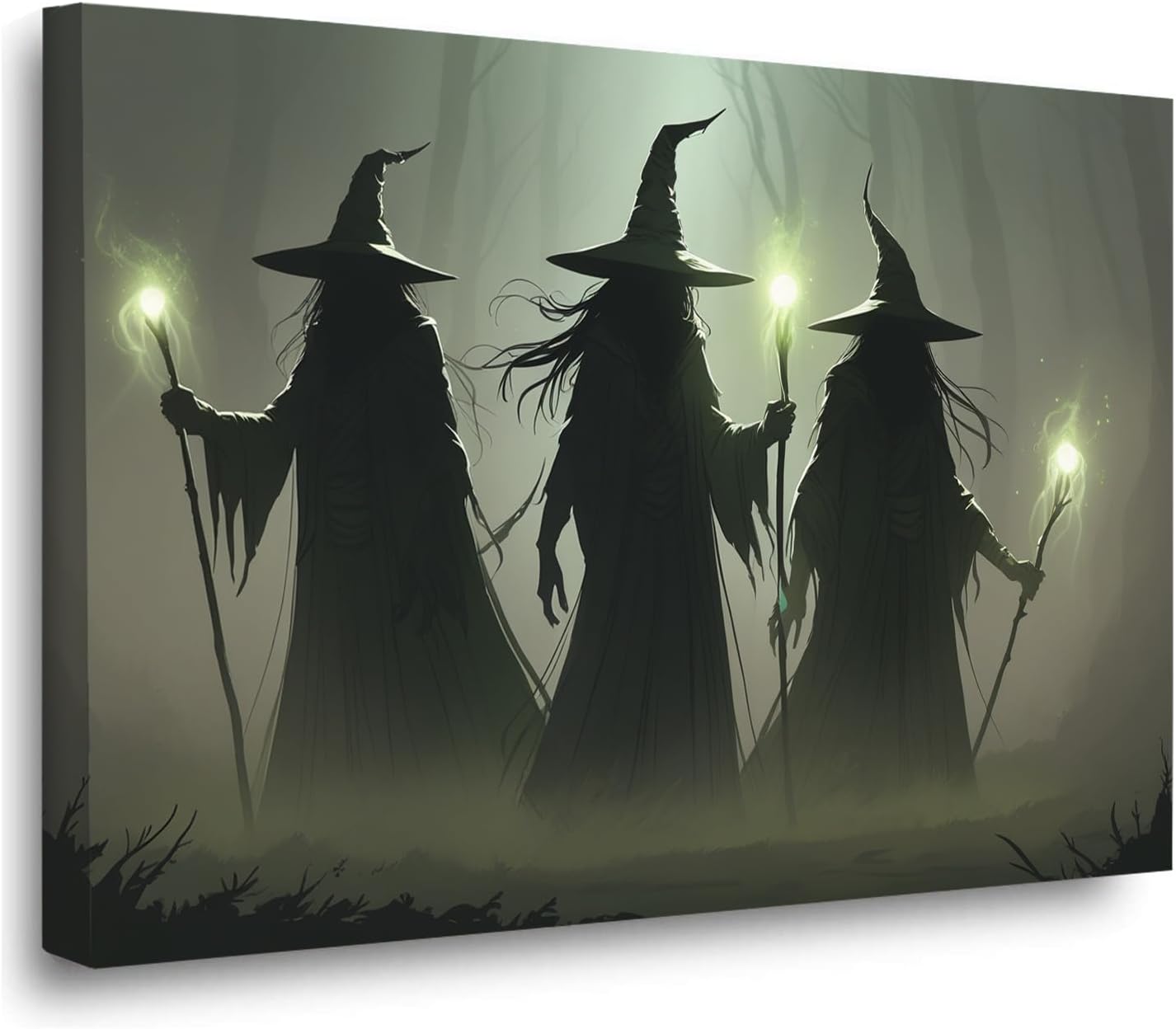 Vintage 3 witches canvas wall decor melancholy dark Halloween poster wall decor holding a staff print Gothic horror Halloween painting print for living room bedroom12x16in Wood Framed