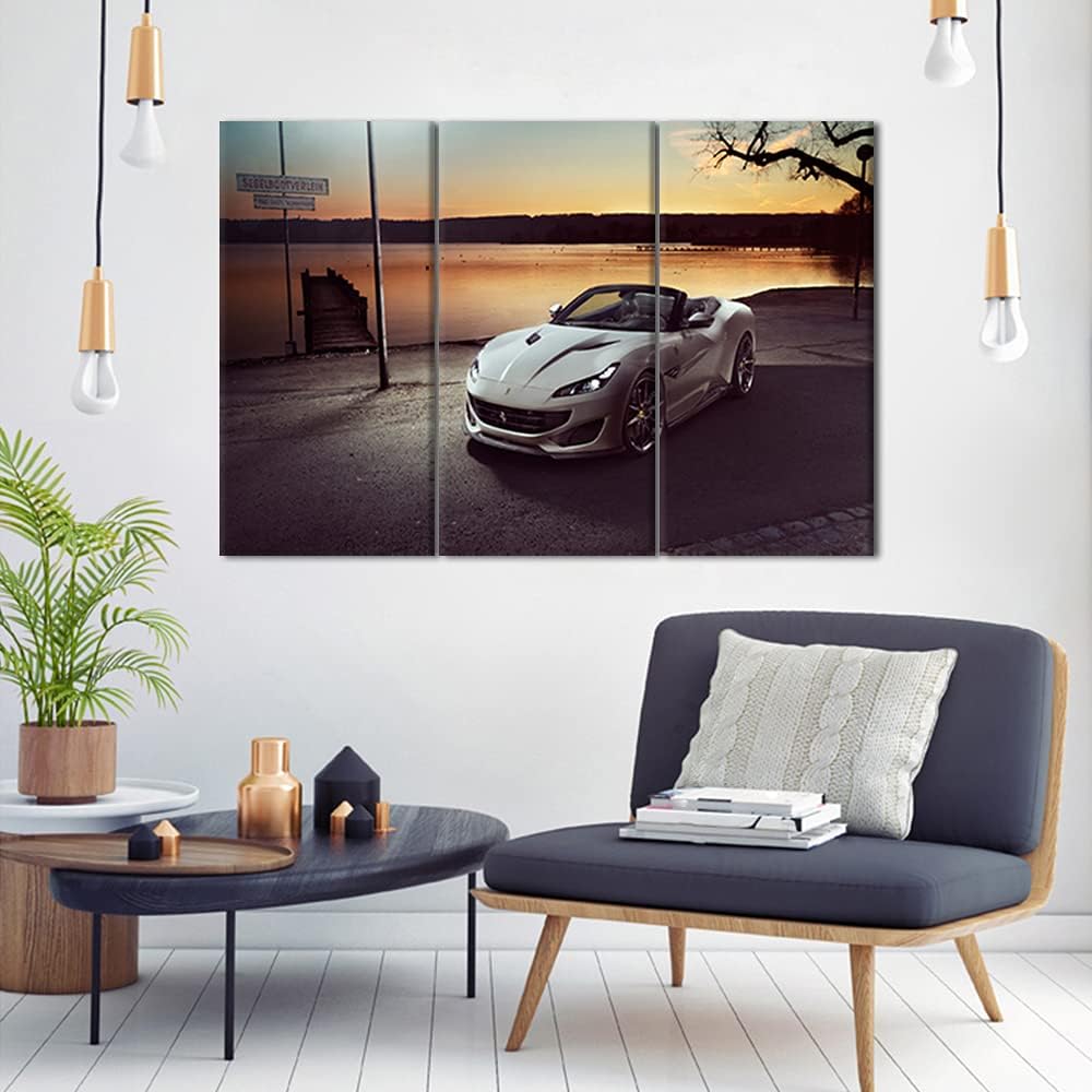 TUMOVO Pier Landscape Canvas Wall Art Framed White Boys Fast Car Cool Sports Poster 3 Pieces 3D Diamond Print Painting with Frame and Stretched Ready to Hang - 28 x 14inch x 3 Panels