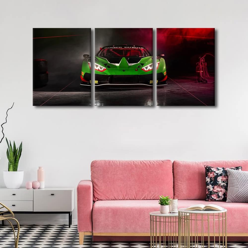 TUMOVO Green Sports Car Pictures for Living Room Supercar Speed Car Canvas Wall Art House Decor Hypercar Modern Office Wall Decor 3 Panels Framed Large Wall Art for Home Teen Boys Bedroom, 36" Wx16 H