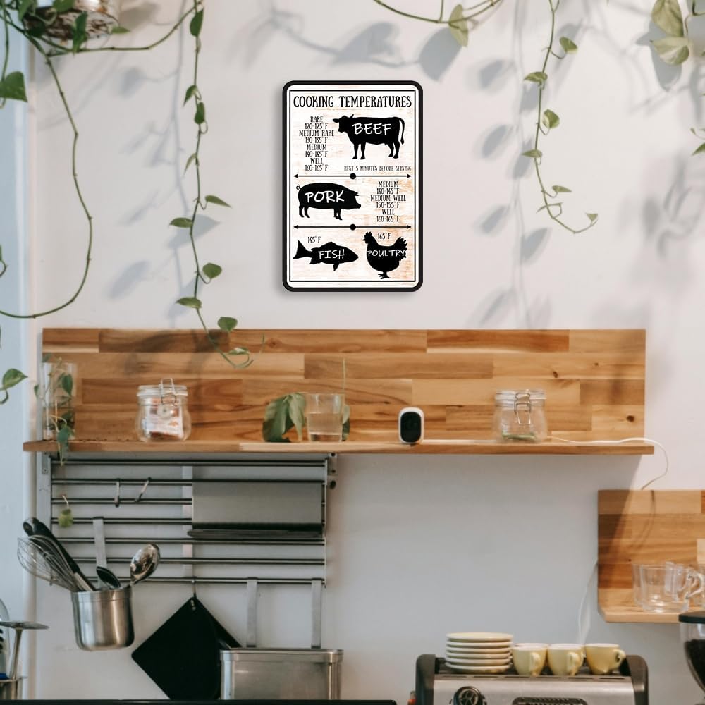 Vintage Kitchen Tin Sign Meat Internal Cooking Temperatures Sign Measurement Kitchen Conversion Metal Signs Meat Temperatures Cooking Chart Decor 8 X 12 Inch