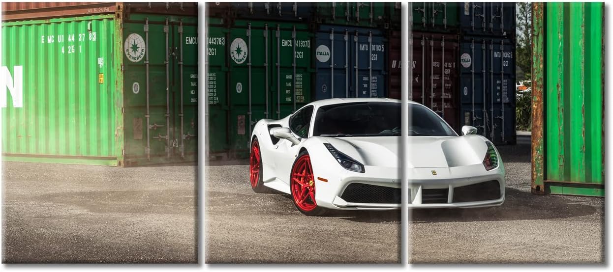 TUMOVO White Sports Car Wall Art Painting Super Car Poster for Men Boys Bedroom Living Room Car in Warehouse Framed Modern Pictures Canvas Prints Artwork for Wall Decor Office Decorations, 36" Wx16 H