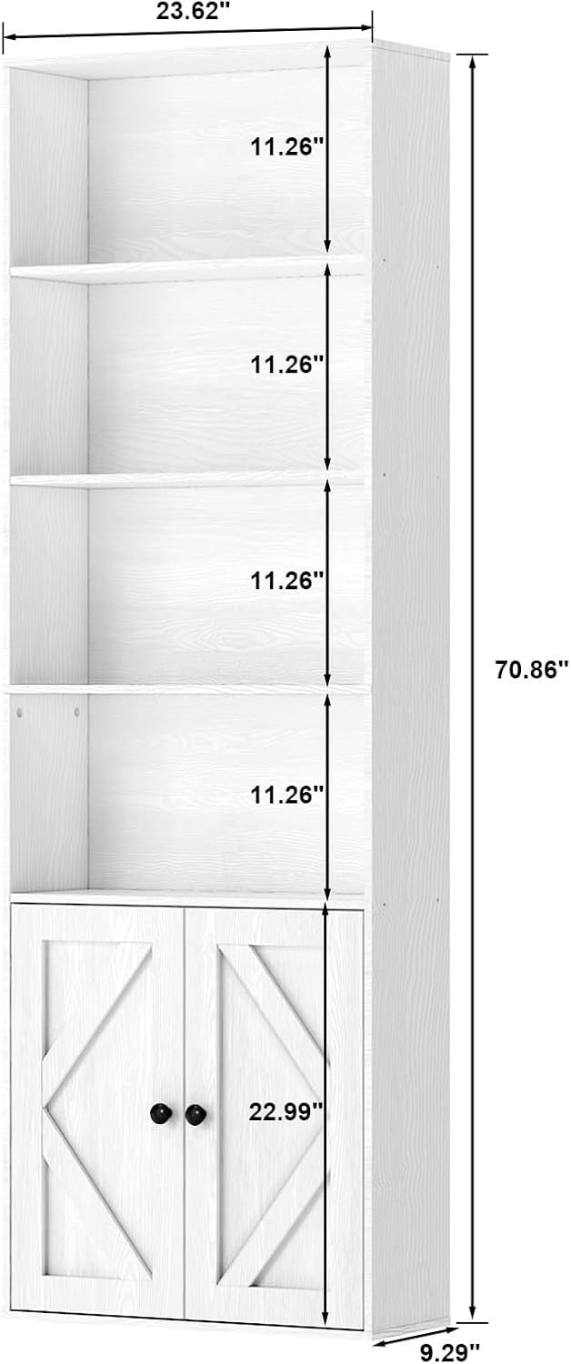 Tall White Bookcase with Doors – Wooden Bookshelf with Storage Cabinet & Shelves for Living Room, Bedroom, or Office