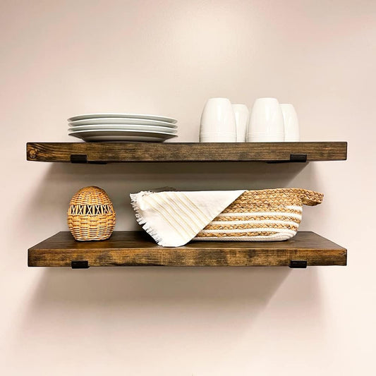 Rustic Shelves with J-Brackets Set of 2, Industrial Shelf, Kitchen Shelves, Solid Wood, Decorative Wall Storage, Heavy Duty, URBANDI (Dark Brown, 48Wx8D)