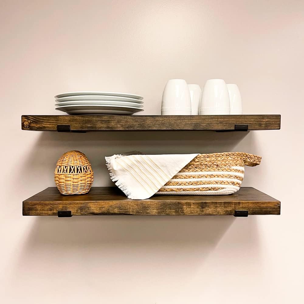 Rustic Shelves with J-Brackets Set of 2, Industrial Shelf, Kitchen Shelves, Solid Wood, Decorative Wall Storage, Heavy Duty, URBANDI (Dark Brown, 48Wx12D)
