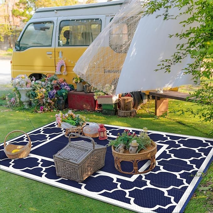 GENIMO Outdoor Rug Waterproof for Patio Decor, 5'x8' Reversible Plastic Straw Rug Carpet, Camping Mats for Outdoor, RV, Backyard, Deck, Balcony, Picnic, Blue & White