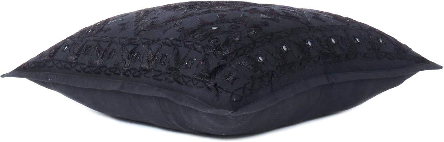 Eyes of India Embroidered Decorative Boho Throw Pillow Cover with Mirrors, Handmade Bohemian Accent Cushion Case for Sofa Couch Bedroom Living Room (Black, 24" x 24")