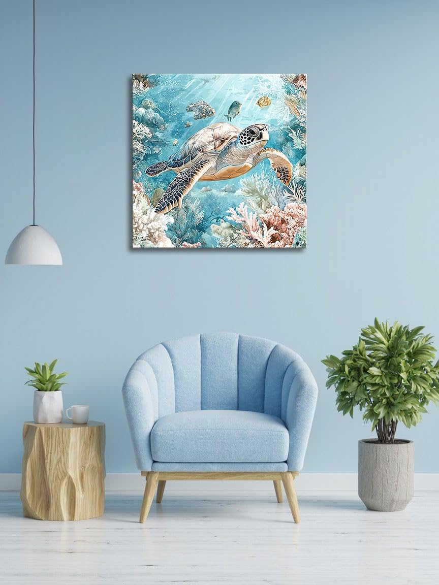 Sea Turtle Bathroom Wall Decor Ocean Theme Framed Canvas Wall Art Coastal Nautical Prints Picture Watercolor Coral Marine Life Painting for Kid Bedroom Living Room Home Decoration 14x14”