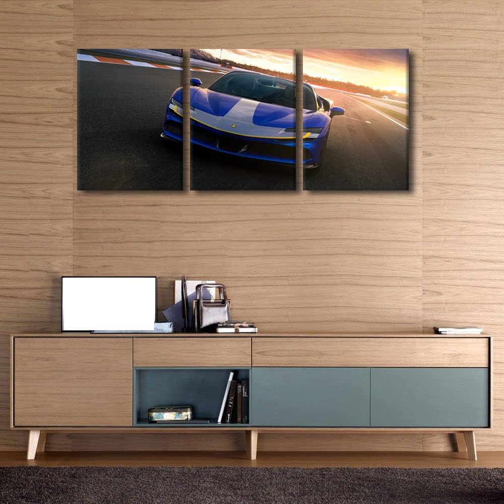 Wall Art for Living Room Large Size Blue Sports Car at Sunset Skyline Office Wall Decor Canvas Prints Super Car Speed Car Modern Artwork for Bedroom 3 Panels Bathroom Framed Ready to Hang, 36"Wx16"H