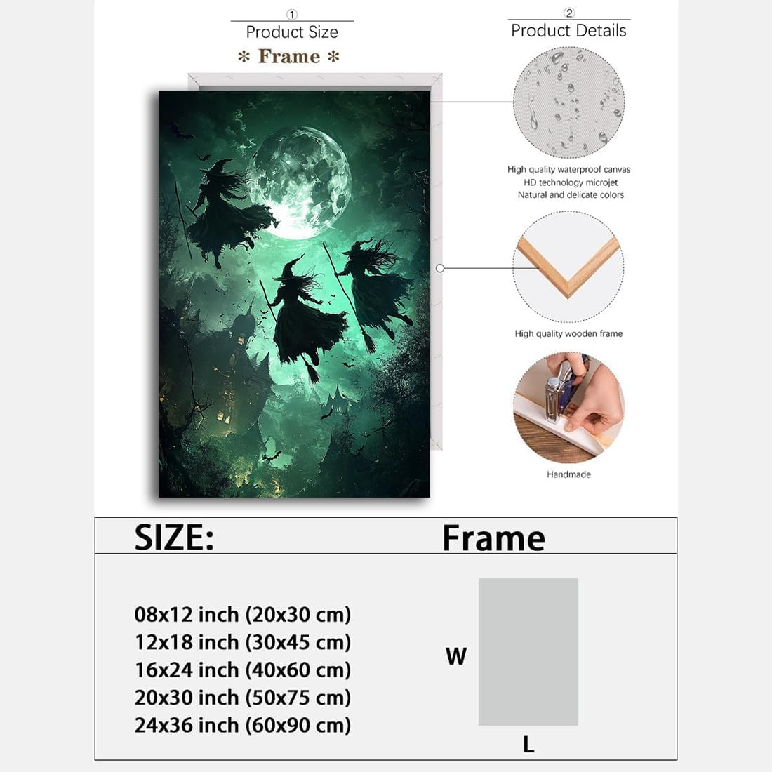 Flying Three Witches Halloween Canvas Wall Painting,Witches on Broom Under Full Moon Castle Victorian Decoration Haunted House Retro Poster for Living Room Bedroom Gallery,12"x18" Framed