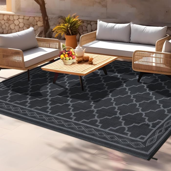 GAOMON Outdoor Rug 9'x12' Waterproof Rug for Patio Decor, Foldable Reversible Plastic Straw Area Rugs Mat for Camper, Outside Carpet for Deck, Porch, Picnic, Beach, Black/Grey(Geometric)
