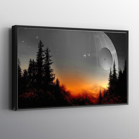 Death Star Inspired Canvas Print Wall Art | Futuristic Space Station Artwork | Smooth Surface Home Decor – Various Sizes (36in x 24in Modern Black Framed)