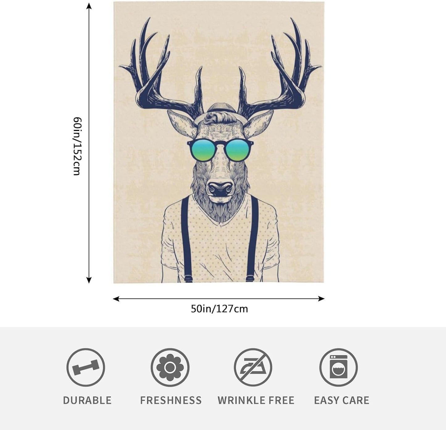HGOD DESIGNS Deer Throw Blanket Deer Dressed up Like Cool Hipster Blanket Super Soft Flannel Throw Blanket Lightweight Plush Fuzzy Bed Blanket for Bedding Sofa and Travel 50"X60"