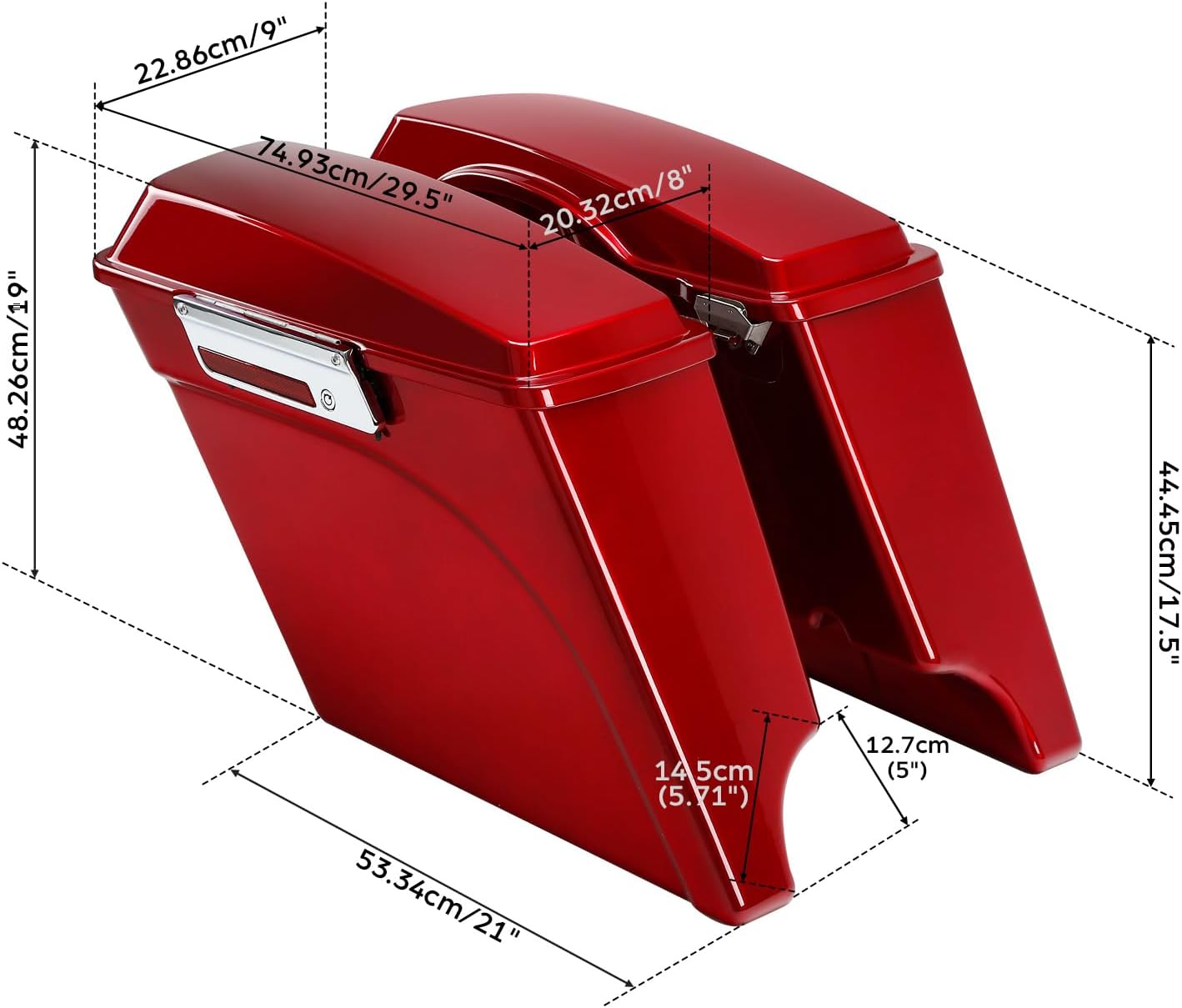 XFMT Motorcycle Stretched Saddlebags 5" Extended Hard Saddle Bags For Harley Touring Road King Street Glide Road Glide Electra Glide Ultra Classic 1993-2013, Red