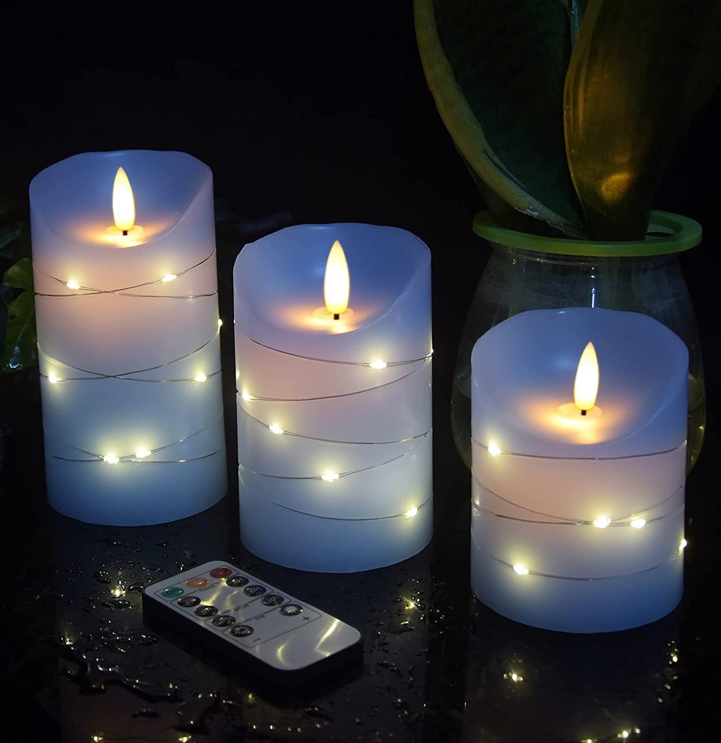 danip Sky Blue LED Flameless Candle, with Embedded Star String, 3-Piece Set of LED Candles, with 11 Button Remote Control, 24-Hour Timer Function, Dancing Flames, Real Wax, Battery Powered.