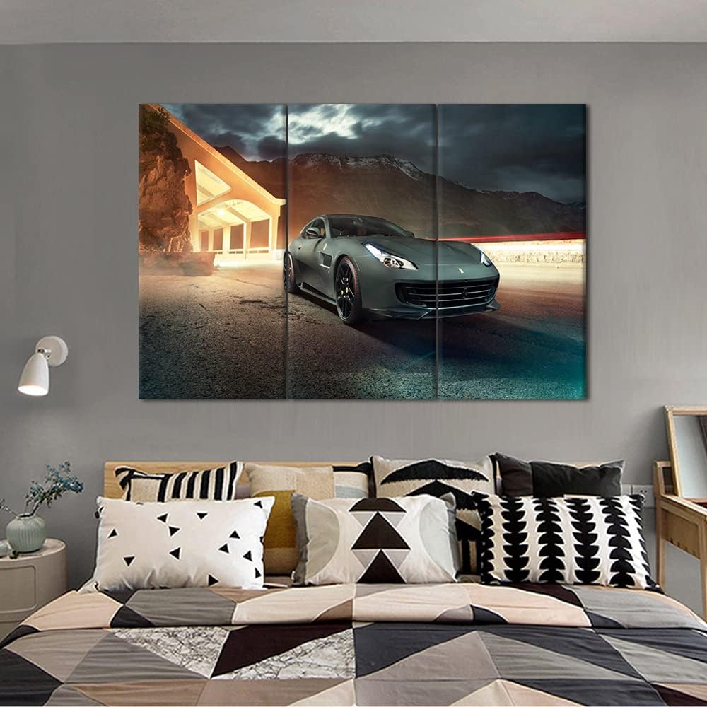 TUMOVO Skyline and Black Super Car Canvas Print Wall Art Picture Canvas Prints with Frame Home Decor for Livingroom Ready to Hang 40 x 20inch x 3 Panels