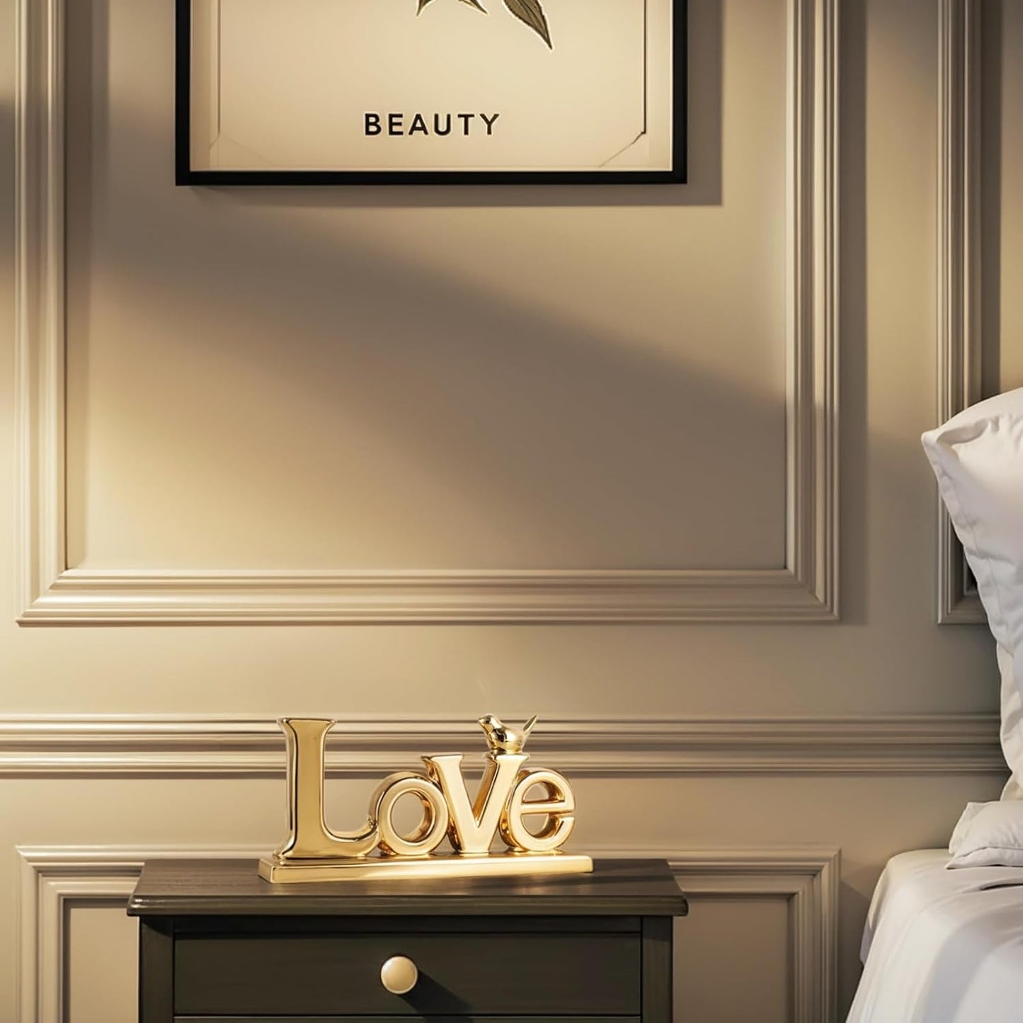 Gold Love Sign Statue - Personalized Home Decor, Bird Sculpture for Living Room, Bedroom, Desktop & Cabinets