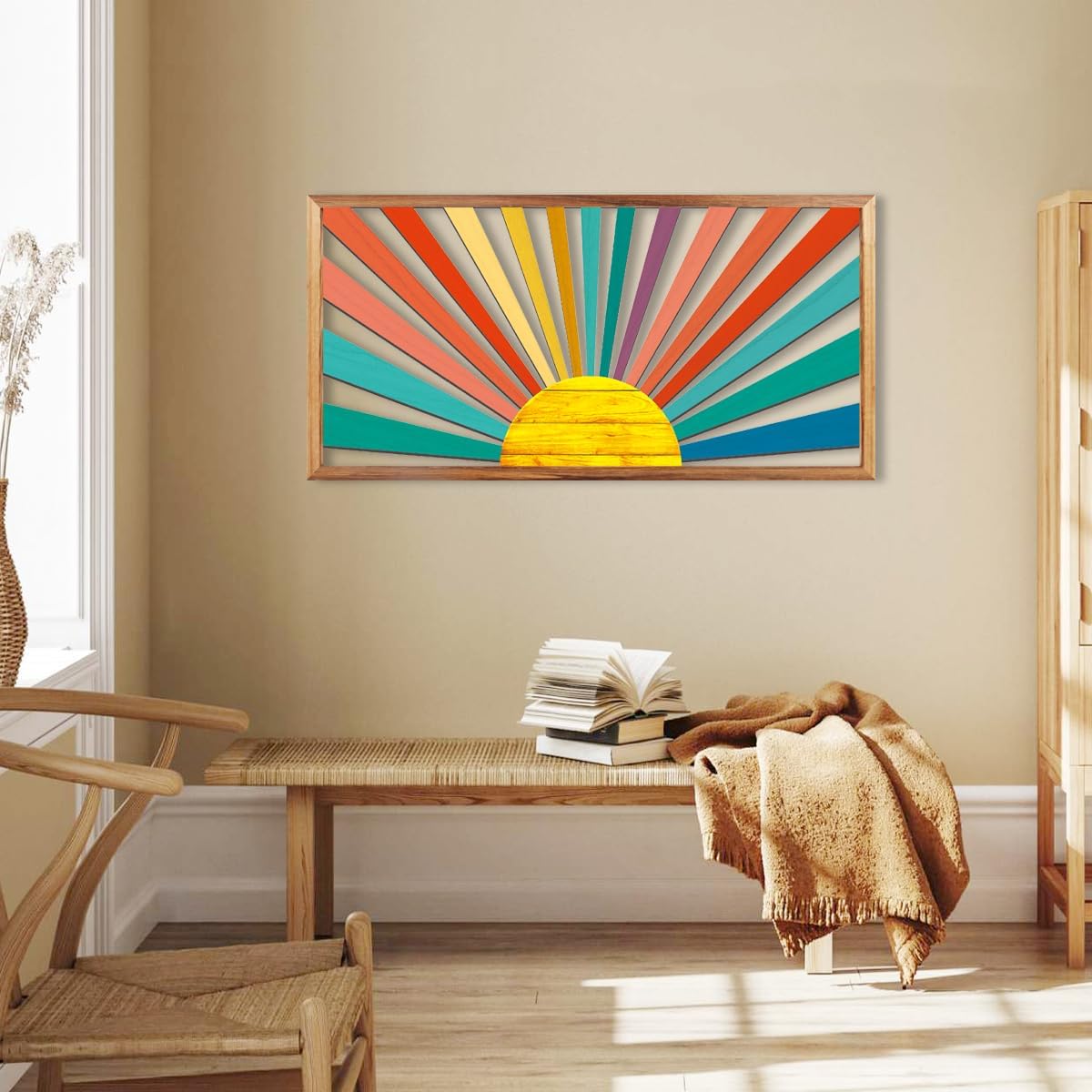 IARTTOP Large Boho Sun Wall Art Framed Wooden Art Wall Decor Sun Geometric Line Sunshine Wall Art for Living Room Bedroom Office 16"" x32, red