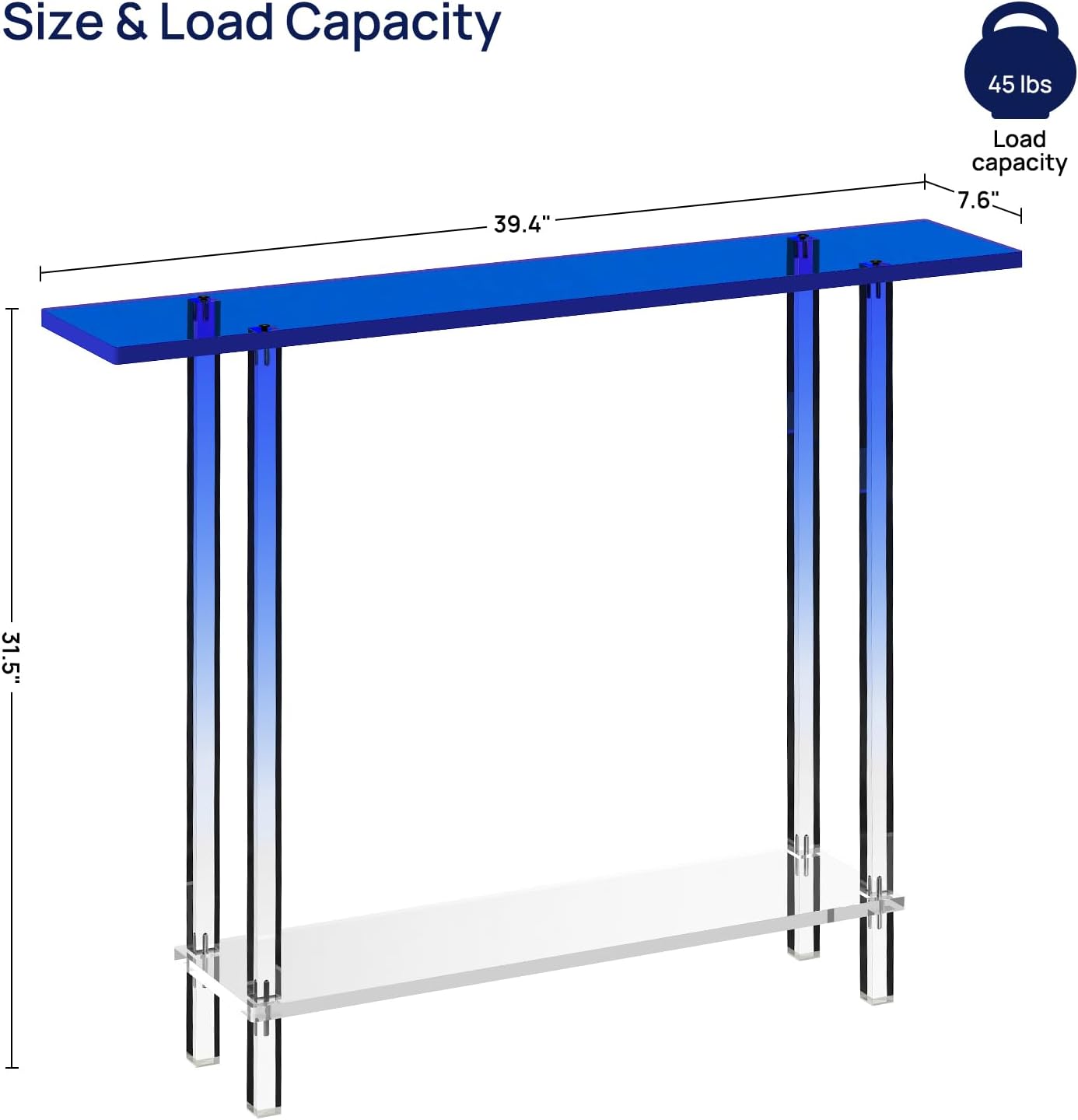 HMYHUM Narrow Acrylic Console Table, with Transparent Gradient Blue Square Legs, 7.6" Width, 2-Tier Clear Entryway Table for Hallway, Foyer, Sofa, Living Room, 39.4" L x 31.5" H
