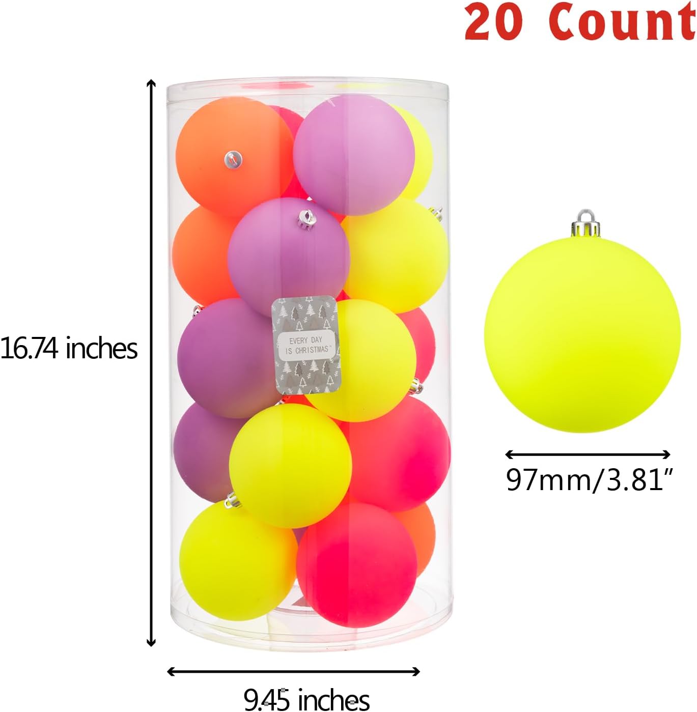Every Day is Christmas 20ct Christmas Ornaments, Shatterproof Christmas Tree Ornaments Set, 92cm/3.6" Christmas Balls Decoration