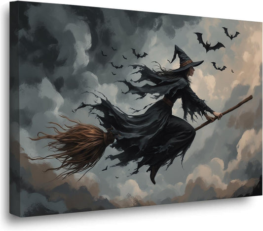Witch and bat flying Halloween poster suitable for home party wall decoration retro Halloween preppy style wall art canvas print suitable for room decoration12x16in Wood Framed
