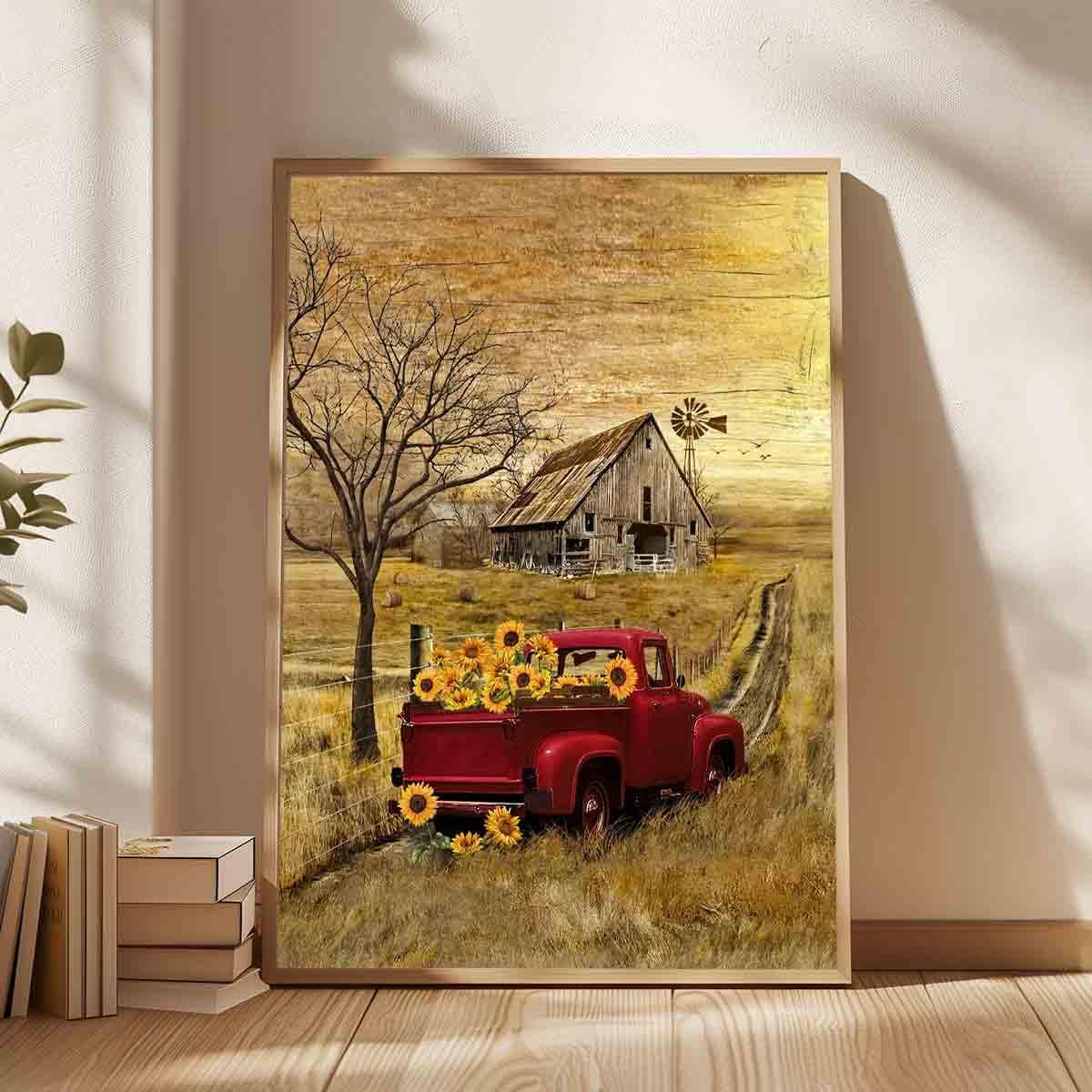 Barn Prints Farmhouse Old Barn Vintage Farmhouse Canvas Wall Art Red Truck Wall Art Old Truck Red Canvas House Pictures Wall Decor Old Barn Sunflower Pictures 16x24inch No Frame