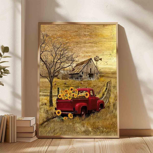 Barn Prints Farmhouse Old Barn Vintage Farmhouse Canvas Wall Art Red Truck Wall Art Old Truck Red Canvas House Pictures Wall Decor Old Barn Sunflower Pictures 16x24inch No Frame