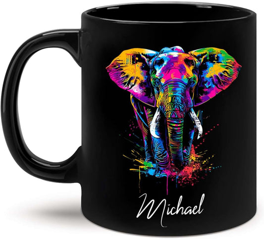 Elephant Coffee Mug 11oz 15oz, Personalized Name Animal Black Cup, Gift For Elephant Lovers, Custom Colorful Animal Design Mug, Gifts For Son Daughter On Birthday