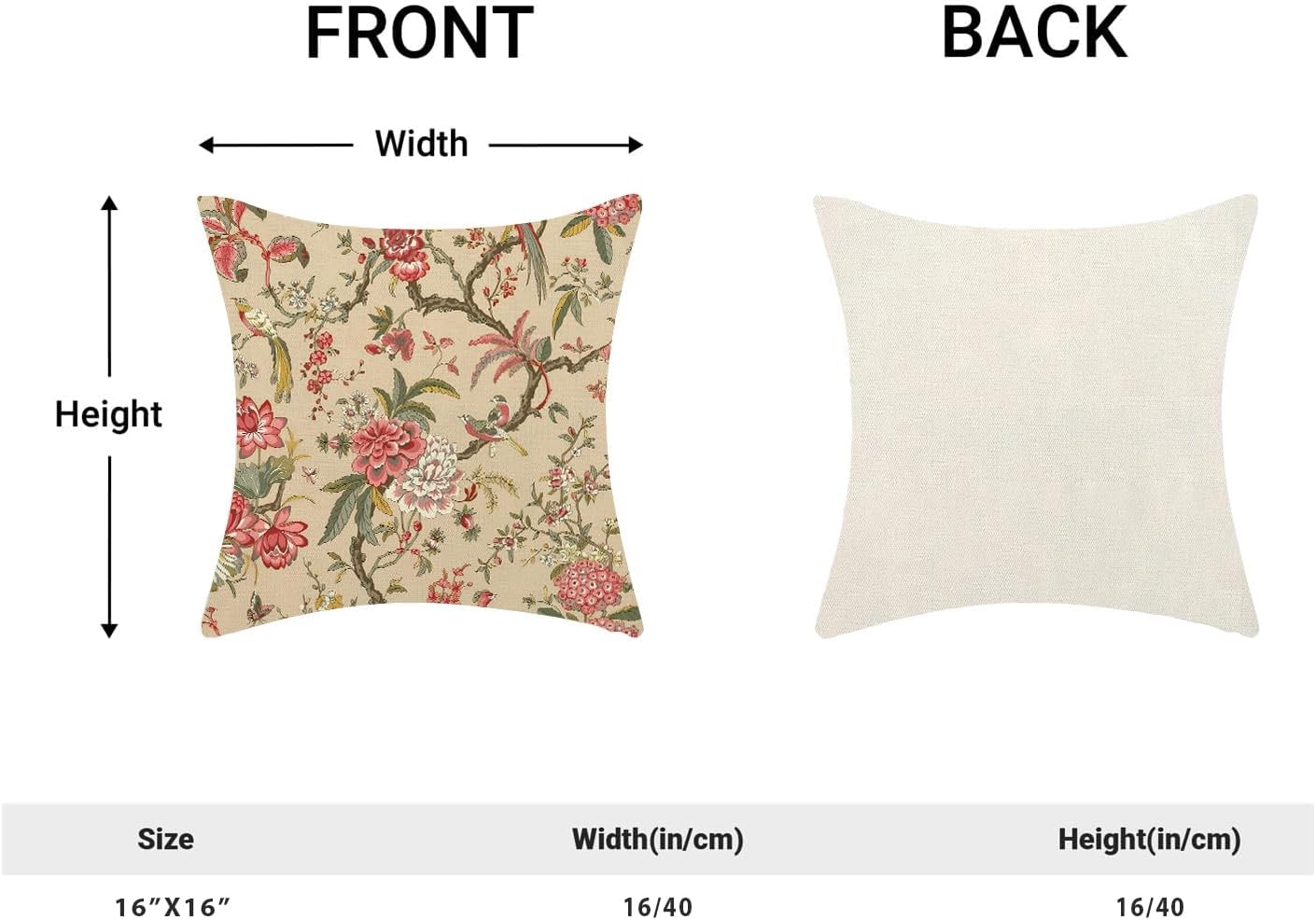 CXMEIFLY Spring Floral Birds Pillow Covers 16 x 16 Inch Set of 2 for Chinoiserie Flowers Decor Throw Pillows Pink Red Plant Outdoor Decorative Cushion Cases for Couch Bed Decorations