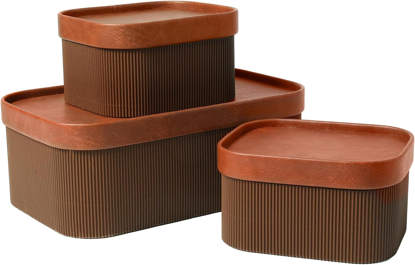La Jolie Maison Fluted Cardboard Storage Baskets with Leather-Like Lids, Sturdy Stackable Paper Boxes Decorative Tray, Set of 3 Chestnut