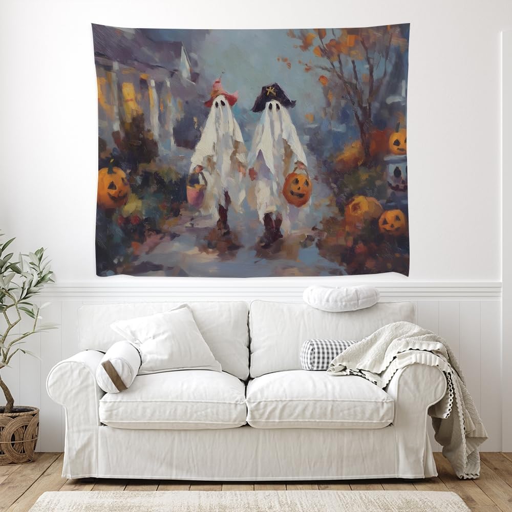 Funny Halloween Ghost Tapestry Wall Hanging Cute Kids Nursery Room Decor Trick or Treat Art Print Goth Fall Pumpkin Ghost Tapestries for Living Room Bedroom wall Decor 50x60inch