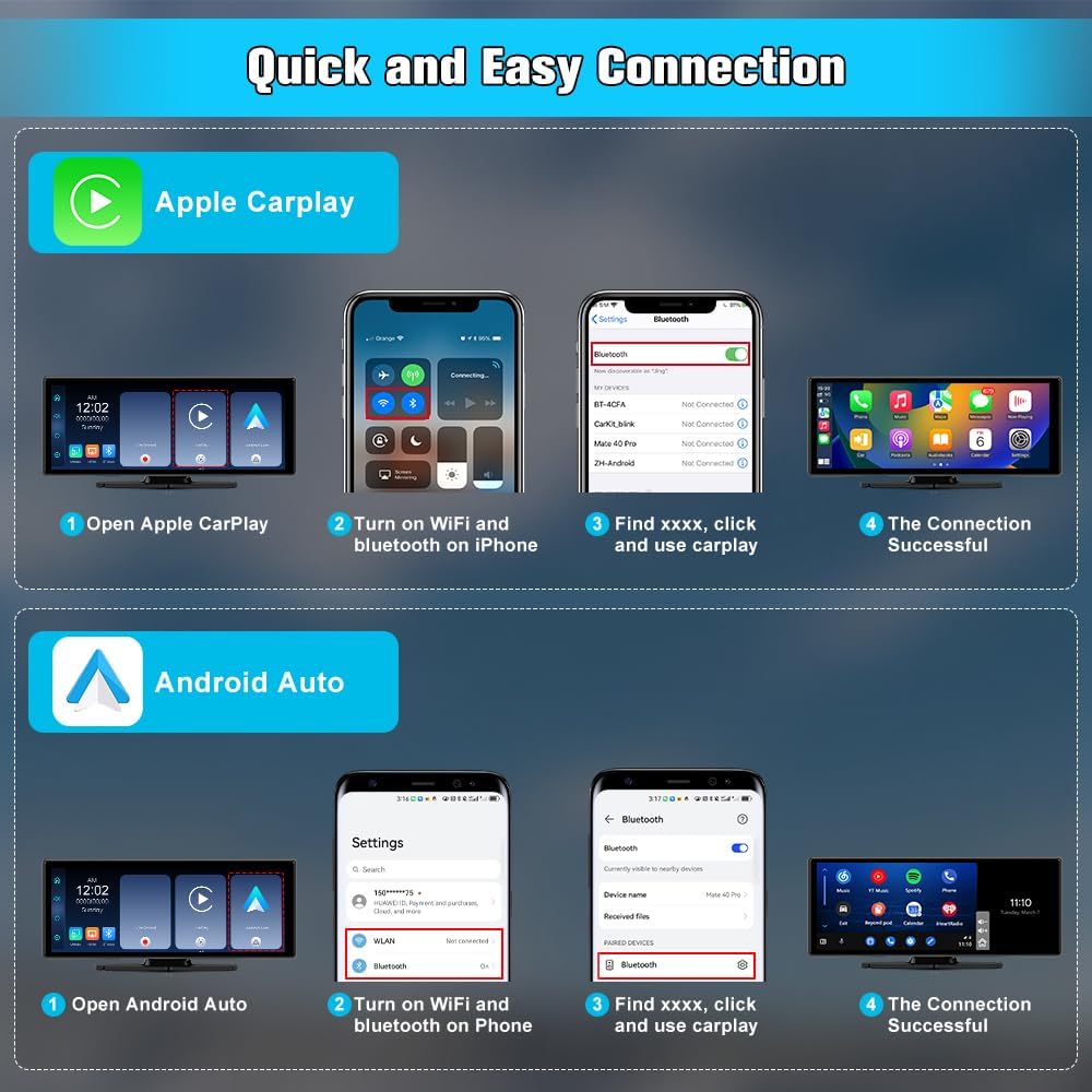 10.26" Portable Apple Carplay Screen for Car, Carplay & Android Auto Car Stereo, Touchscreen GPS Navigation 4K Dash Cam/1080P Backup Camera/Mirror Link/Bluetooth/Voice Control