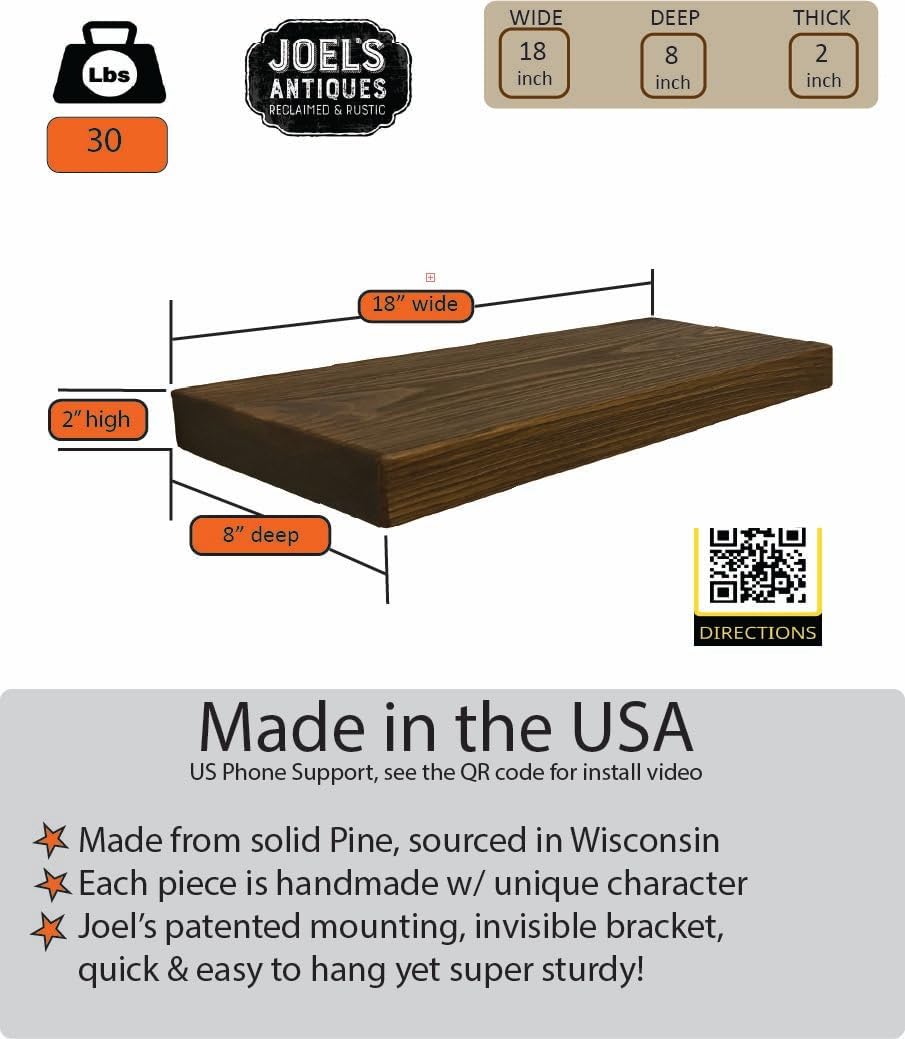joelsantiques - 18 Inch Wooden Floating Shelves for Wall - 18x8x2 in - Made of Natural Wood - Heavy Duty Rustic Wall Shelves for Bedroom - Perfect for Living Room, Kitchen - Medium Brown