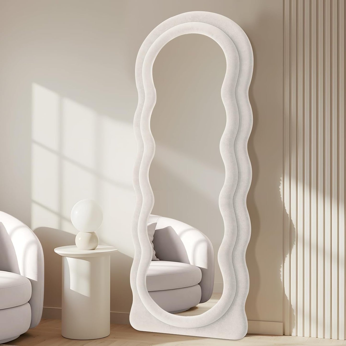 Full Length Mirror 63"x24" Arched Wavy Full Body Wall Mounted Floor Mirror with Stand Ivory Flannel Frame Leaning Hanging Wall Mirror for Bedroom Entrance