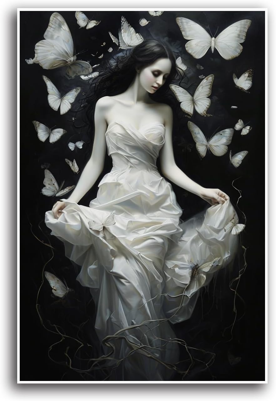 JFHCQJPK Vintage Gothic Feminine Canvas Wall Art Print Butterfly Poster Moody Preppy Wall Art Dark College Decor for Home Bedroom20x30in Frameless