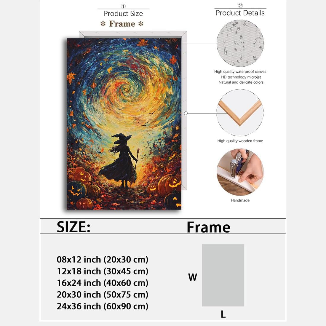 Halloween Autumn Witchy Decor Wall Art Prints,Gothic Witch in Whirlwind Autumn with Pumpkins Scene Pictures Poster,Fall Festival Home Decor Painting Canvas Poster for Bedroom Bathroom,20"x30" Framed