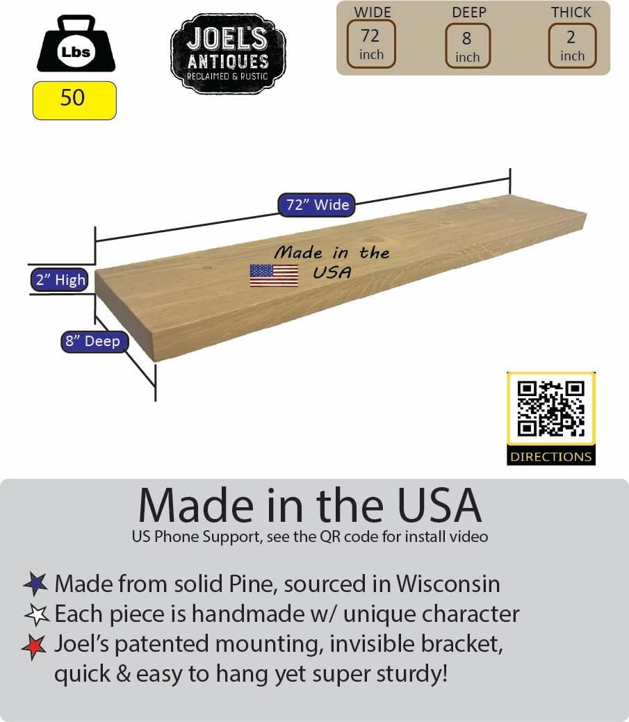 joelsantiques - 72 Inch Wooden Floating Shelves for Wall - 72x8x2 in - Made of Natural Wood - Long FWall Shelves for Bedroom - Perfect for Living Room, Kitchen - Made in USA - Beige