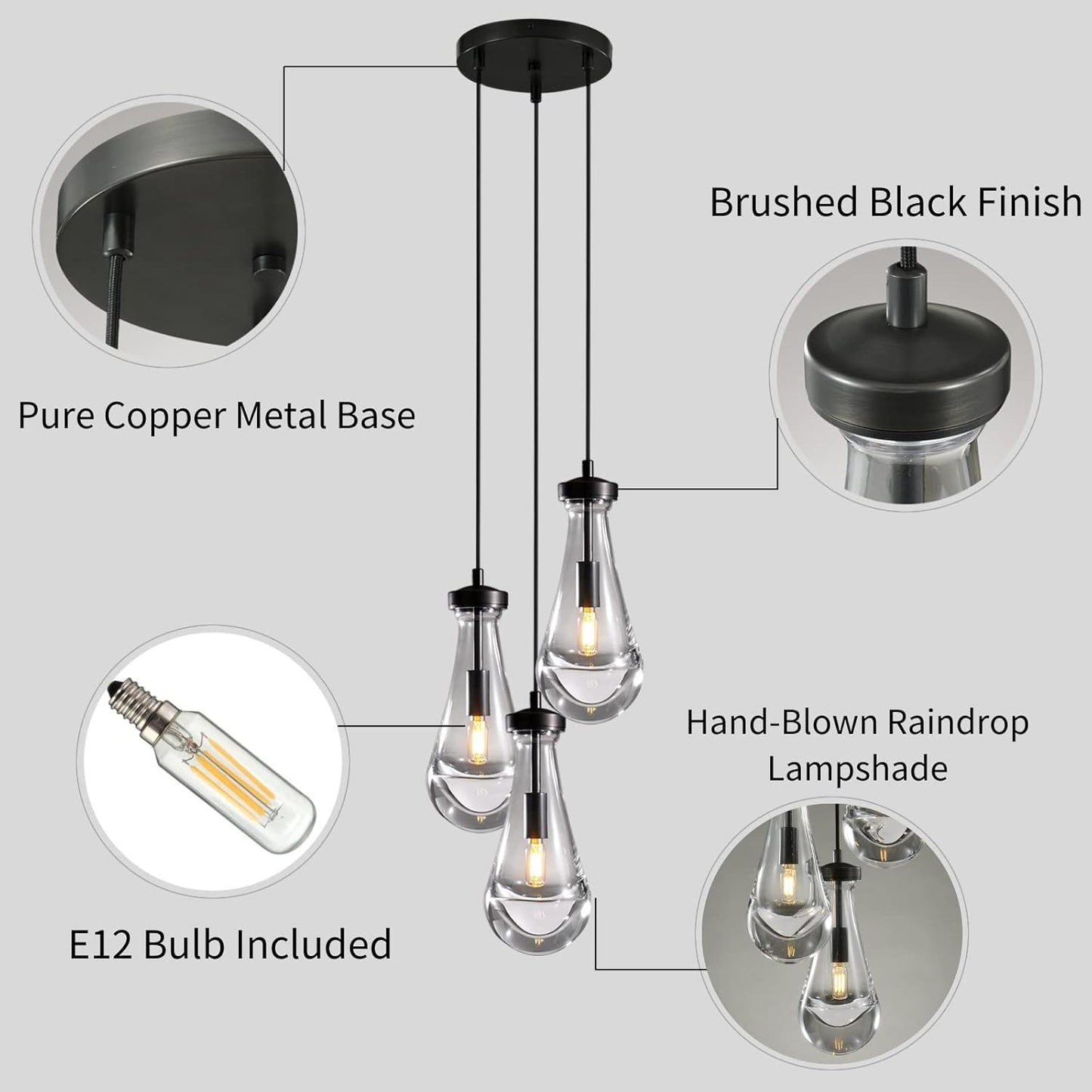 Bronze 3 Light Pendant Lighting, Raindrop Pendant Lights, Black Adjustable Hanging Rope Cluster Pendant Lighting Over Kitchen Island, Teardrop Glass Chandelier Dining Room Light Fixture