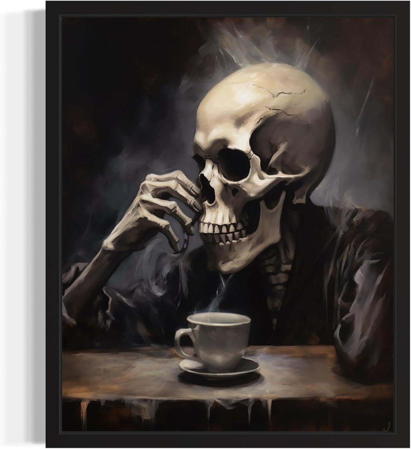 Skull Drinking Coffee Poster Art Print, Halloween Scary Vintage Wall Art Academia Spooky Painting Decoration for Horror Prints, Gothic Posters Bedroom Decor 89 (Skull Drinking Coffee, 11 x 14 inches, Unframed)
