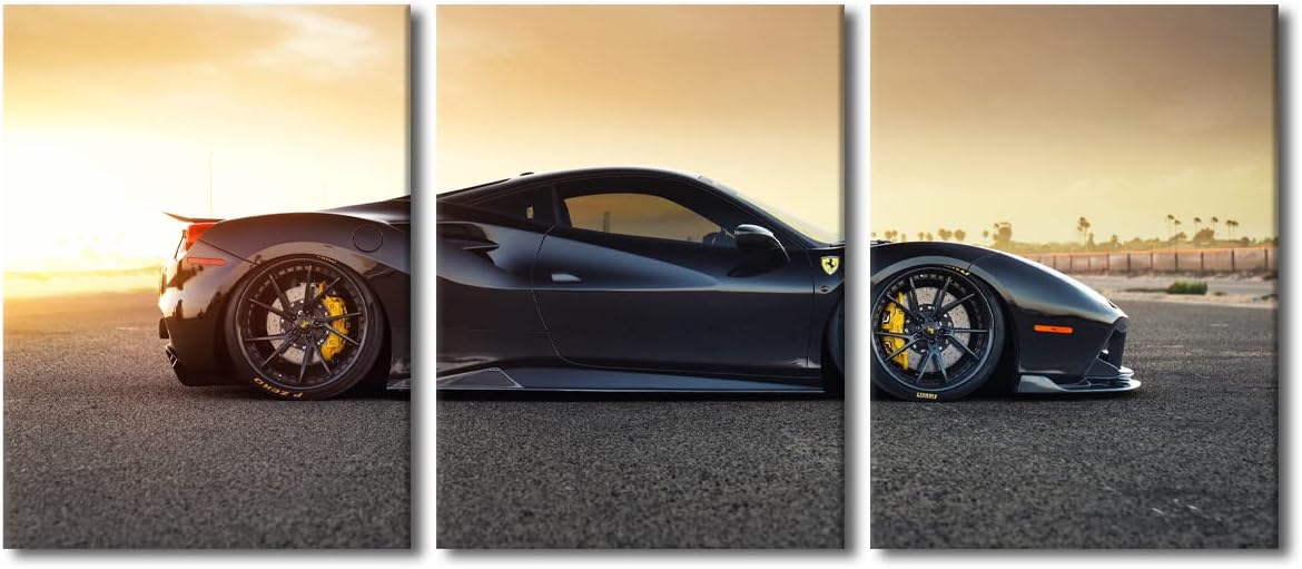 TUMOVO Black Supercar at Sunset Canvas Prints Hypercar Wall Art Paintings Sports Car Posters Stretched Pictures for Living Room 3 Pieces Modern Home Decor Framed Wall Art Decorations, 36" Wx16 H