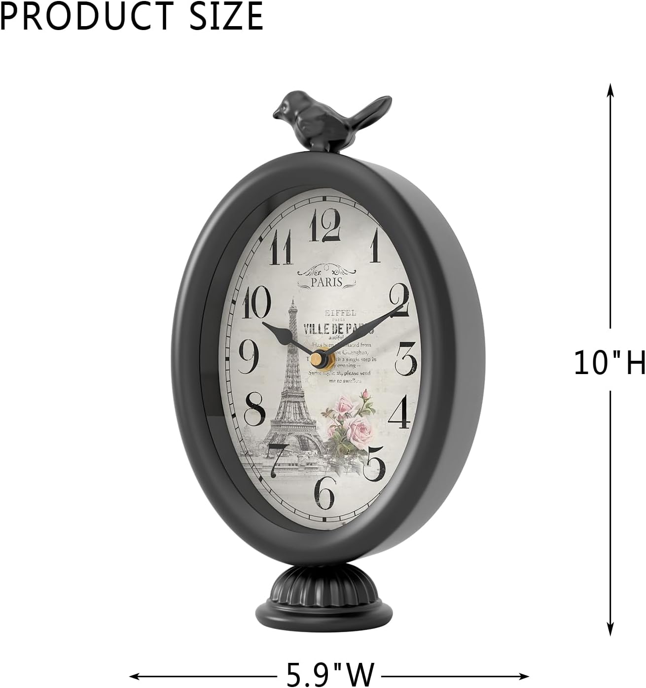 Vintage Table Clock with Bird, Desk and Shelf Decor Clock, French Paris Style, Antique Black Metal Mantel Clocks for Living Room, Farmhouse, Bedroom, Bedside, Gift (10" H x 5.9" W)