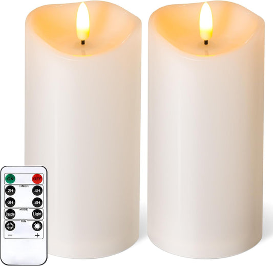 Outdoor Flameless Candles with Remote Timer - Waterproof Realistic Flickering LED Pillar Electric Battery Operated Fake Candle for Holiday Home Wedding Fireplace Decor - Ivory White 2 Pack (6"6")