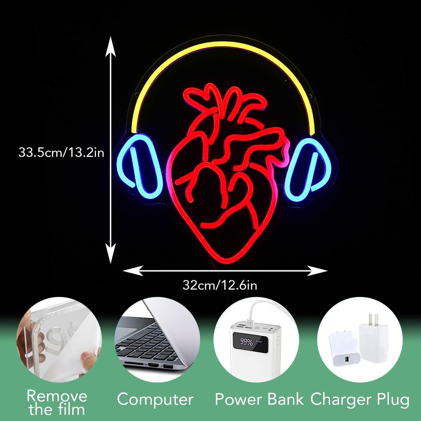 Heart With Headphone Neon Sign USB Power Music Heart Neon Light Dimmable Music Lover Led Art Sign Wall Decor for Bedroom Bar Party Studio Unique Gift for Music Enthusiasts