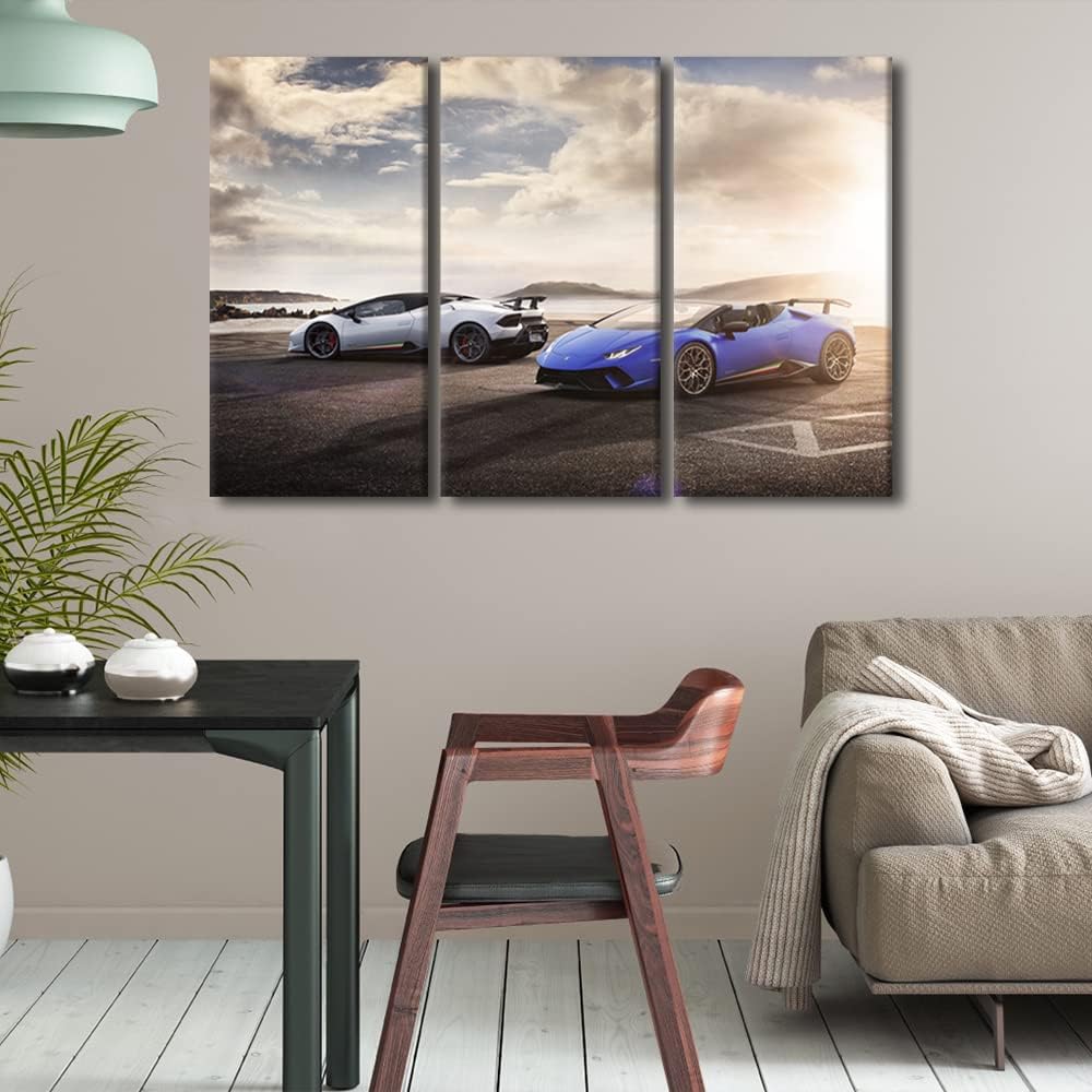 TUMOVO White Sports Car Canvas Wall Art Blue Super Car Posters & Prints Artwork Sunset Skyline Contemporary Home Decor Stretched Canvas Picture for Living Room Bedroom Home Office Decor, 42" Wx28 H