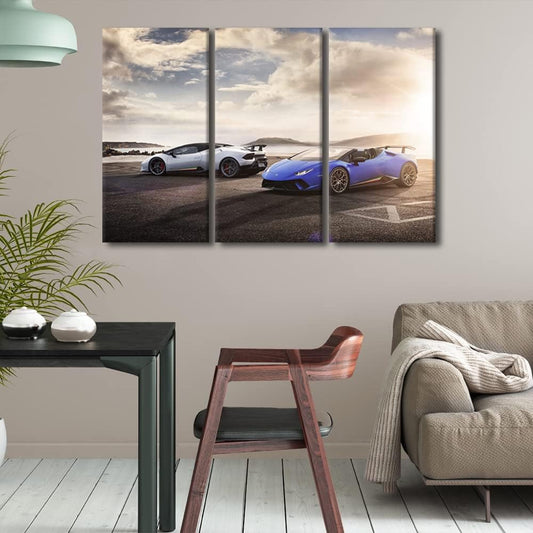 TUMOVO White Sports Car Canvas Wall Art Blue Super Car Posters & Prints Artwork Sunset Skyline Contemporary Home Decor Stretched Canvas Picture for Living Room Bedroom Home Office Decor, 42" Wx28 H